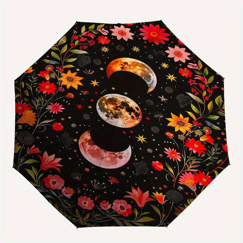 Floral Moon Phases Theme 8 Bone Hand Automatic Folding Umbrella, Compact and Portable Design, A Perfect Gift for Birthday, Christmas or Busi