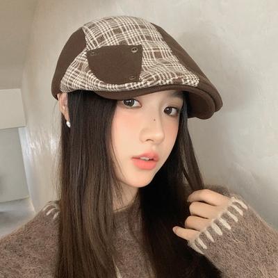Vintage karierte Vorwärtskappe Herbst- und Wintermütze Damen-Patchwork-Schiebermütze Mode vielseitige Baskenmütze