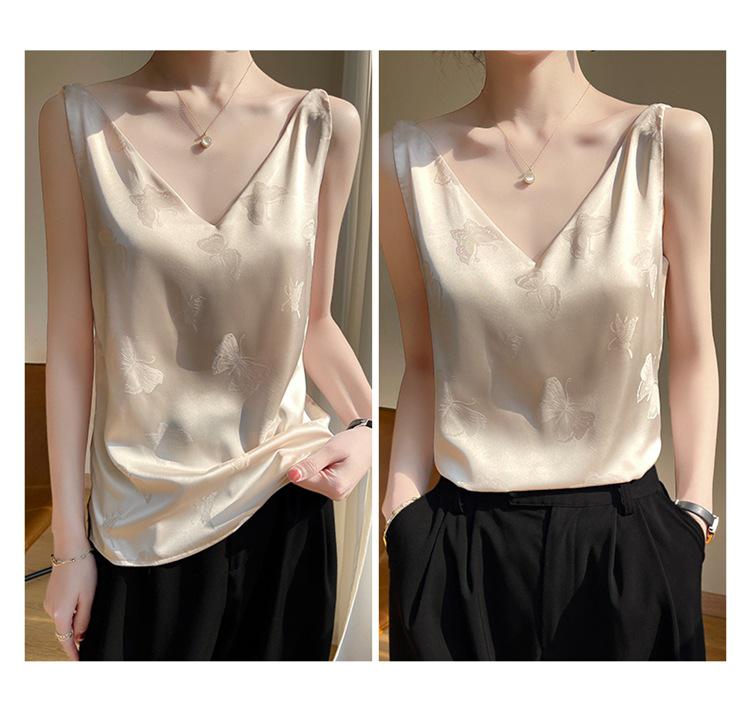 2023 Summer Women's V-Neck Silk Satin Camisole with Draped Silhouette