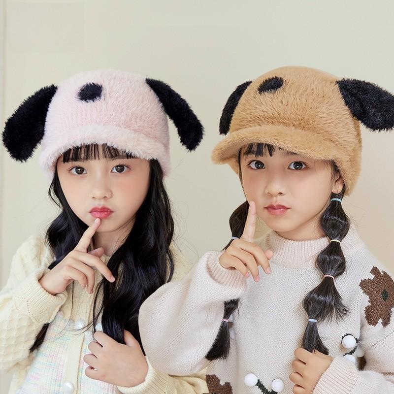 Kids Winter Baseball Cap With Plush Dog Cartoon Design For Girls And Boys