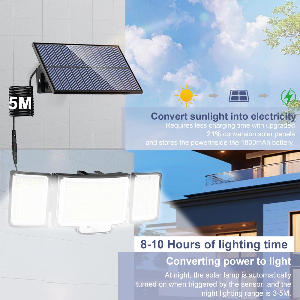 366 LED Solar Motion Sensor Security Outdoor Lights 3 Heads Solar Garden Lights Flood Lights Powered Wall Light Waterproof Front
