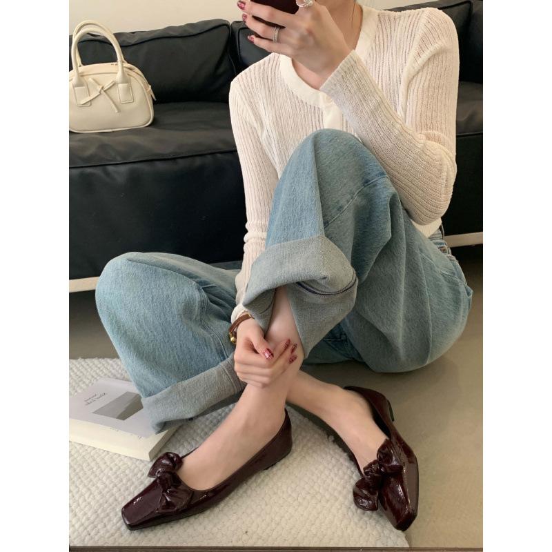 

2025 early spring new Korean version temperament bow square head shallow mouth soft sole single shoes retro fashion versatile 39 бордовый