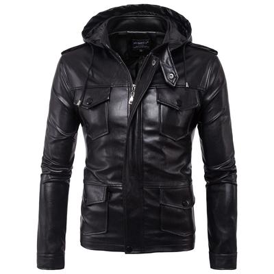 Herbst und Winter Neue Herren-Lederjacke mit Kapuze, Bikerjacke, Herren-PU-Leder-Arbeitsjacke