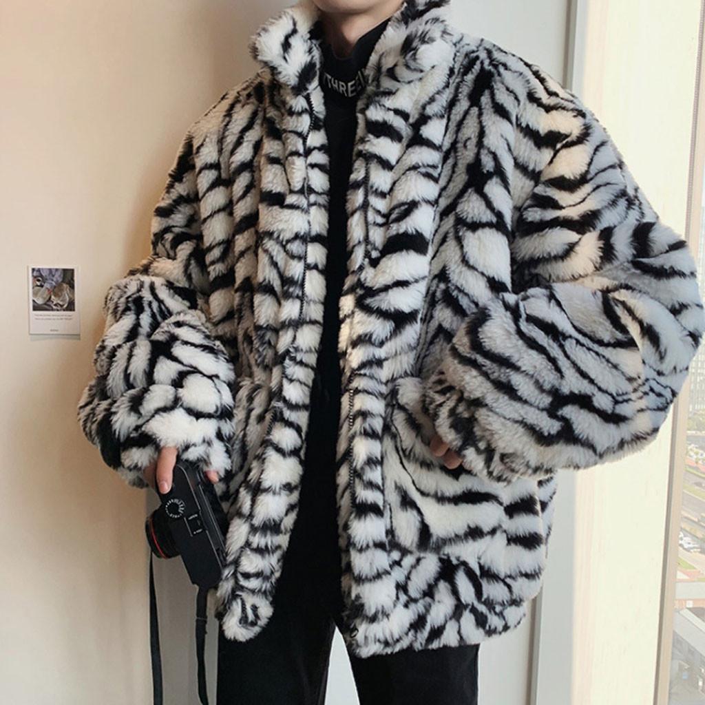 Men Leopard Winter Warm Fashion  Outdoor Woolen Faux-Fur' Coat Collar OverCoat