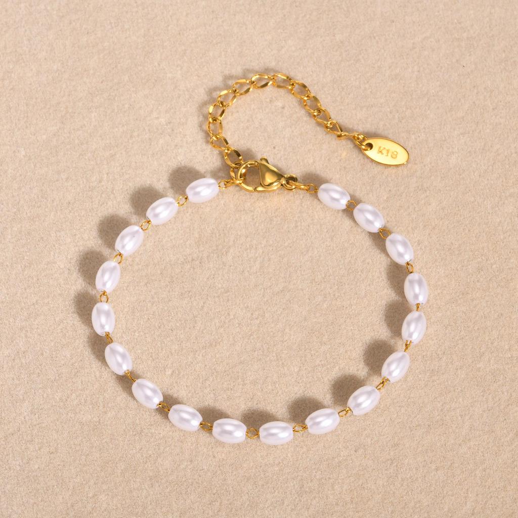 Charm Imitation Baroque Pearl Bead Bracelet for Women, Stainless Steel Rectangular Chain Bracelets,Elegant Jewelry Birthday Gift