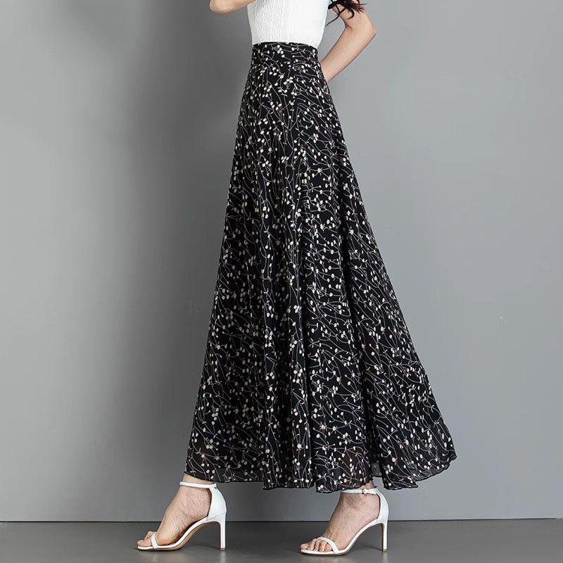 Sommer Neuer Chinesischer Stil Bedruckter Chiffon Halb langer Rock Lang Hohe Taille A-Linien-Rock Retro Großer Schwung Langer Rock für Frauen