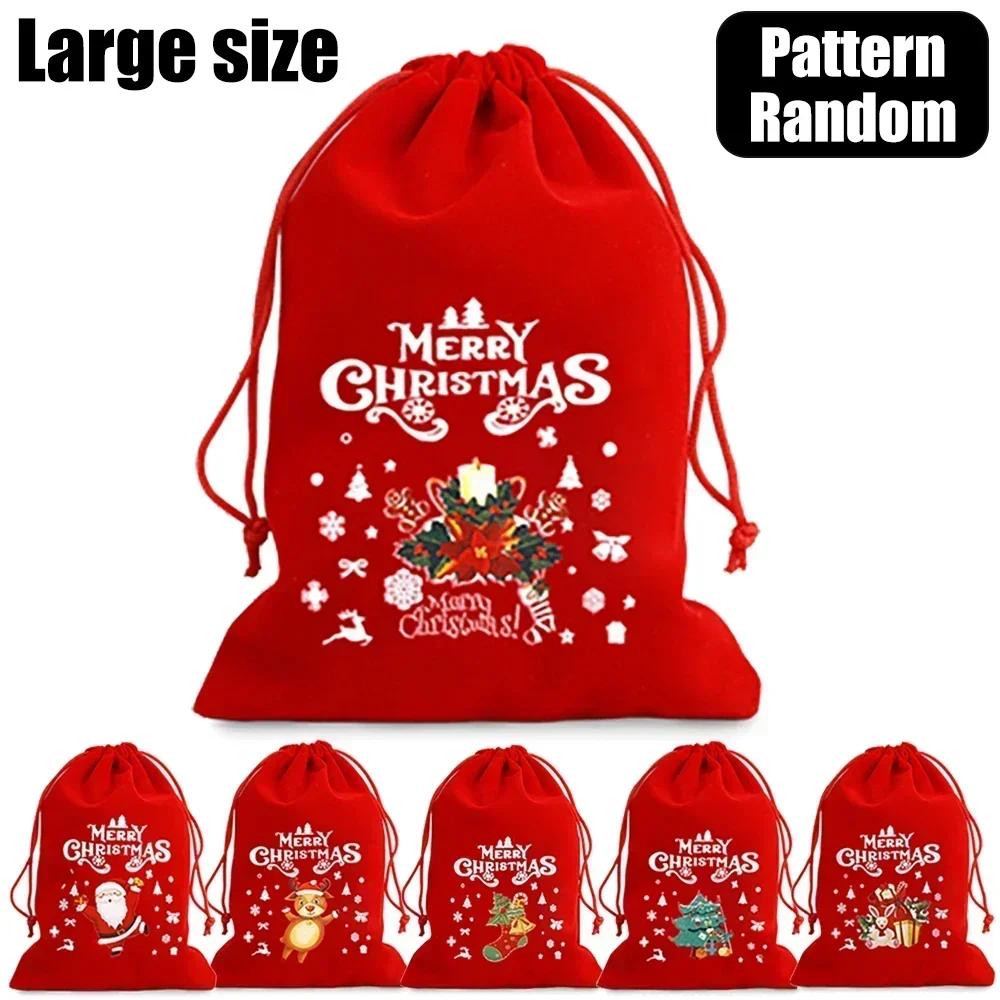 Merry Christmas Velvet Bags Drawstring Pouch Candy Snack Gifts Bag Jewelry Packaging Bags For Christmas New Year Decoration