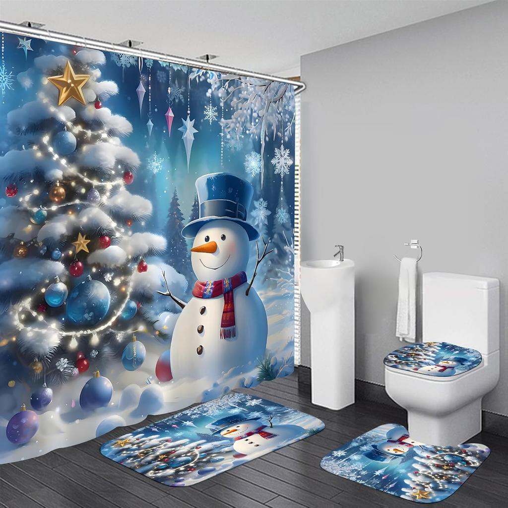 Set 4 Piese Perdea de Duș Baie 5 Stiluri Perdea Baie Pom Crăciun Cu 12 Cârlige Covorașe Antiderapante Husă Toaletă Covoraș Partiție Baie