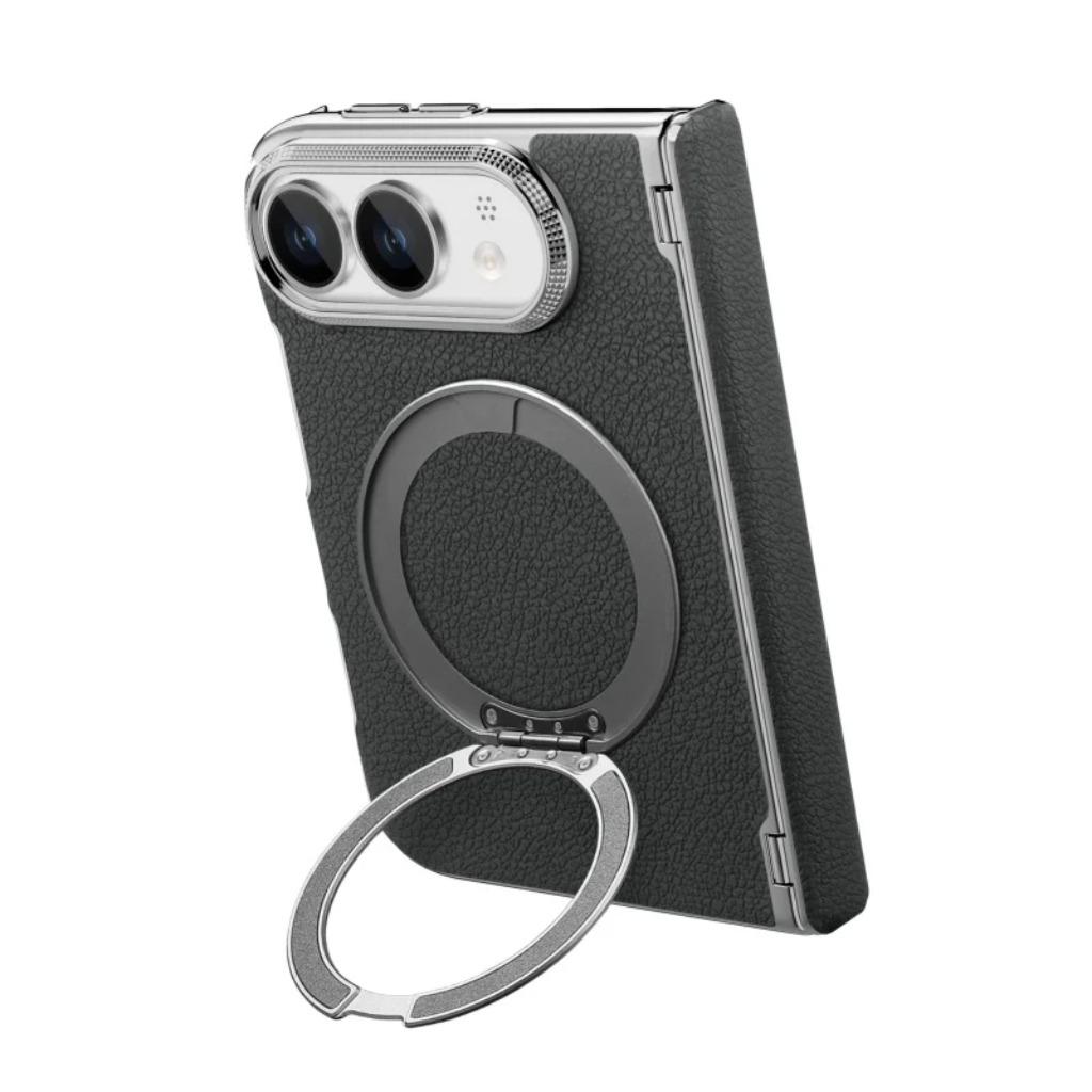 360 ° Rotating Magnetic Ring Kickstand Phone Case for IPhone Duo 18 Fold PU Leather Hinge Protection Wireless Charging Cover