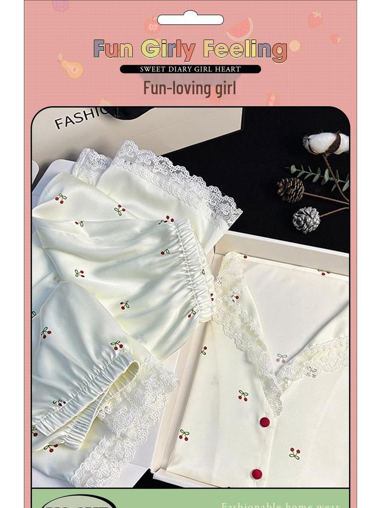 Women's Ice Silk Cherry Print Pajama Set - Elegant Summer Three-Piece Lounge Wear