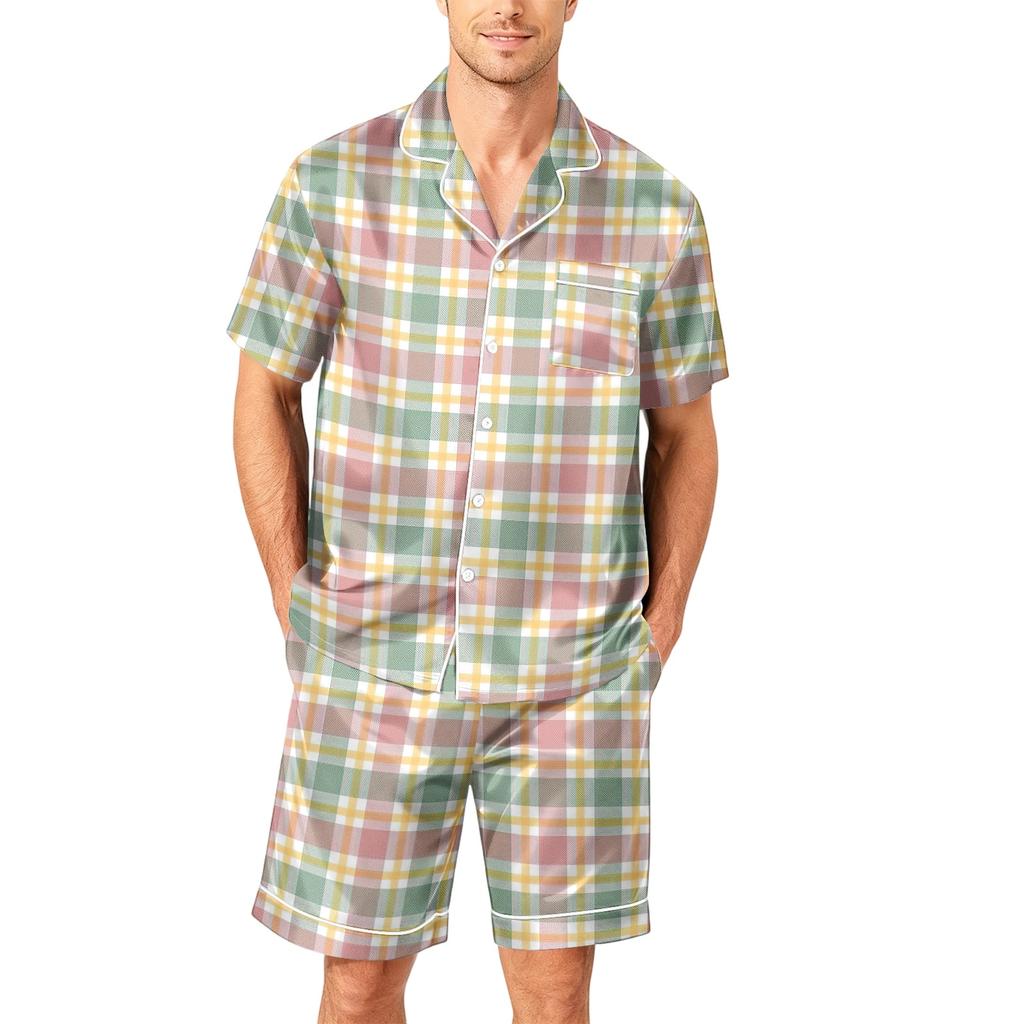 Conjunto de Pijama Masculino de Manga Curta com Botões e Shorts, Roupa Macia, Tamanhos P-XXXXG