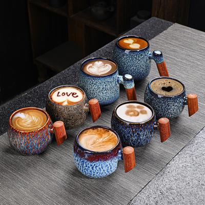Irregular Color Ceramic Coffee Cup Wooden Handle Milk Tea Cup Table Top Decoration Vintage Drinking Mug Gift Home Decoration New