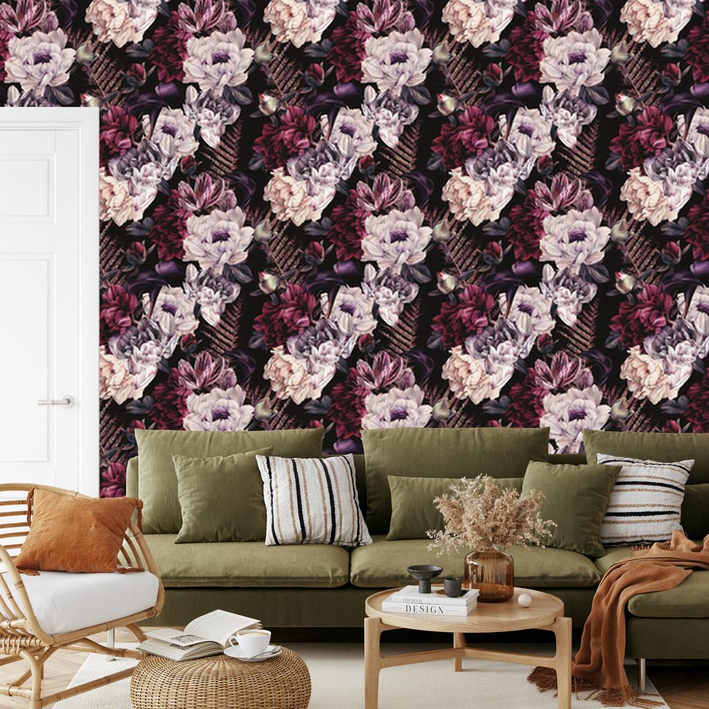 Wallpaper Flowers In Dark Colors for Living Room and Bedroom 50x1000