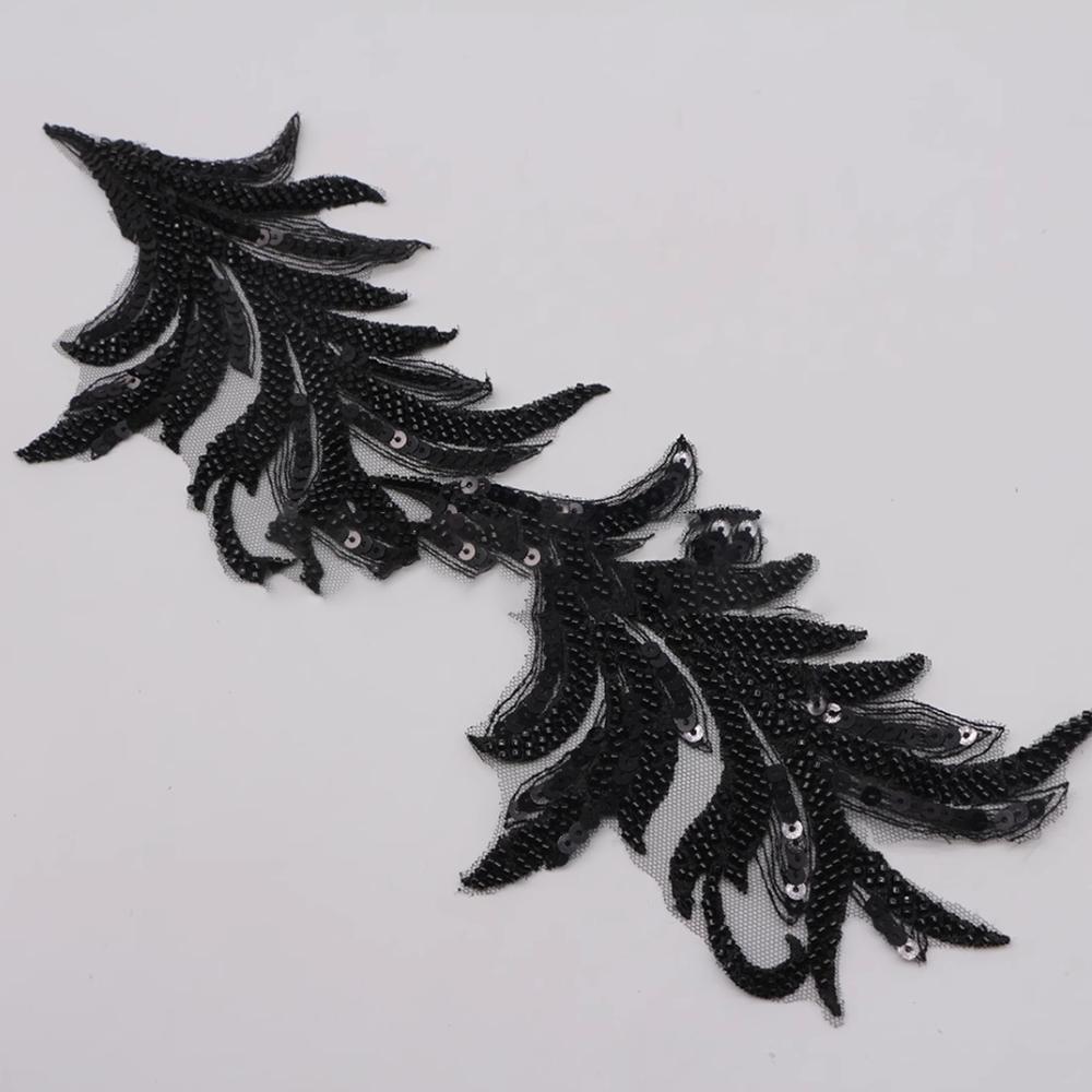 1Pcs White Black Beads Rhinestones Leaves Embroidered Patch Repair Wedding Lace Clothing Decoration Accessories