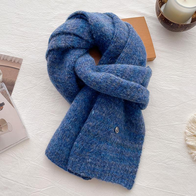 Blue Soft Waxy Wool Knitted Scarf Men's and Women's Autumn and Winter Warm Wool Scarf Cold Protection Cervical Spine