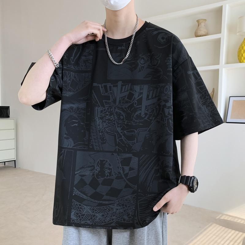 Large Size Trendy Anime Full Print Short Sleeved Men's Japanese Loose Casual Top