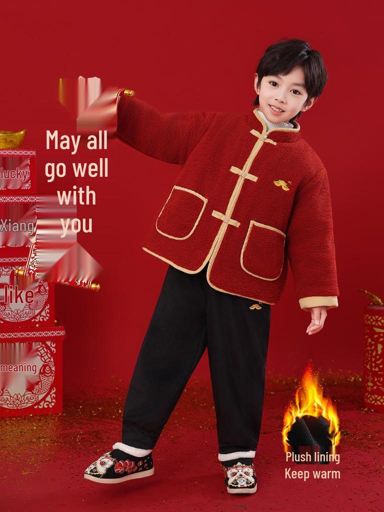 Children's New Year Outfits: Winter Coats, Boys' Sweaters, Girls' Greeting Clothes, Hanfu Sets in Chinese Style.