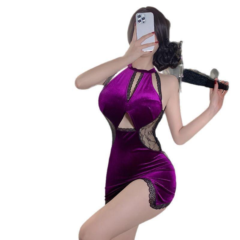 Sex underwear sexy pure desire style purple temptation women's classical cheongsam velvet style high-end neck temperament nightdress