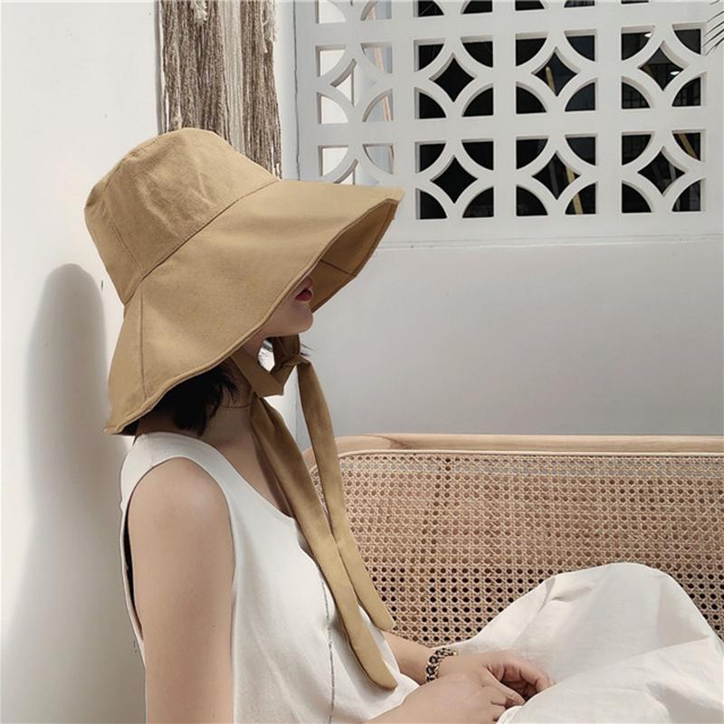 Cappello a Secchiello in Cotone e Lino da Donna Casual Monocolore con Fascia a Falda Larga Visiera Parasole Leggero Estivo Protezione UV Cappello da Spiaggia