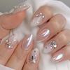 French White Gradient Rhinestone Bling Almond Shaped Wearable Fake Nails