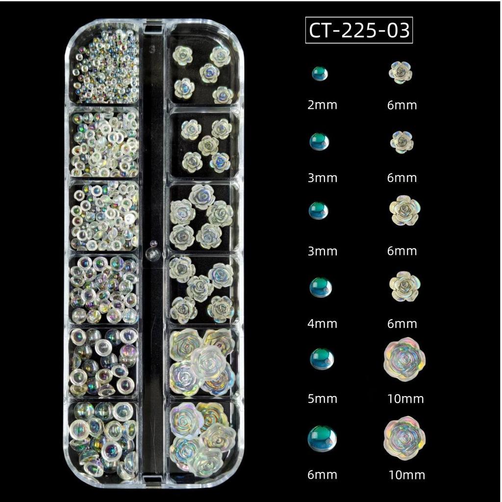 Camellia 3D Nail Art Set: Transparent Aurora, White Iridescent, and Rose Flower Decorations