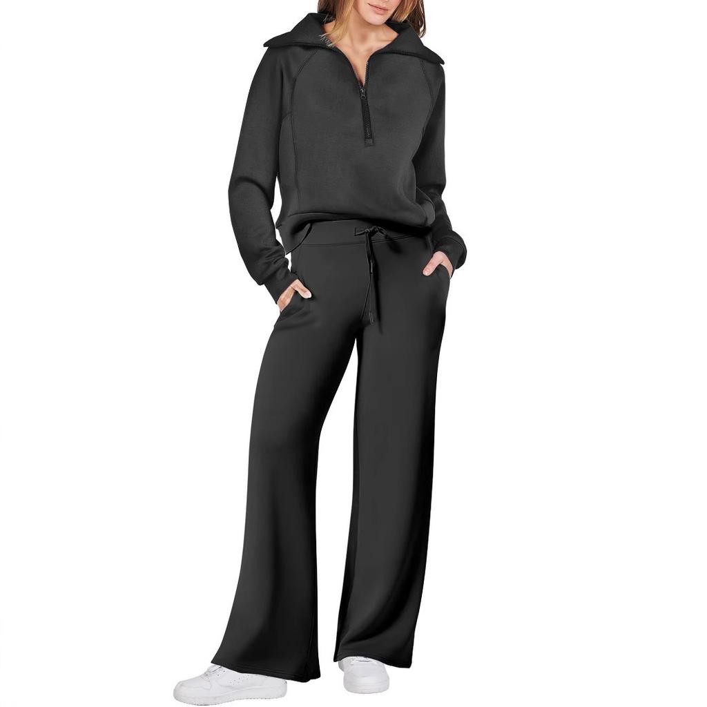 Women's Half Zip Lapel Long Sleeve Sweatshirt Wide Leg Pants Two Piece Tracksuit Solid Loose Casual Loungewear Set