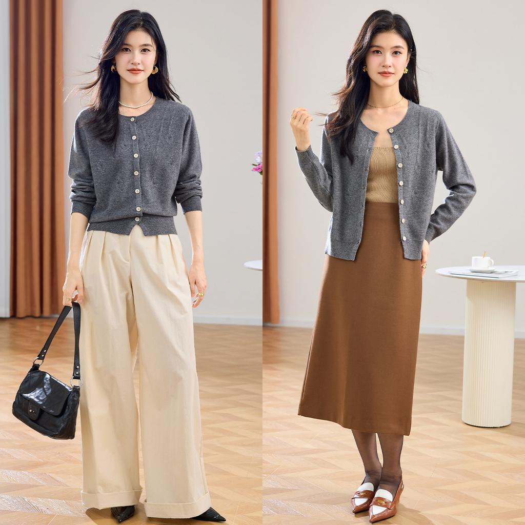 [Sheep Wool 100%] Autumn and Winter New Style Lingge Jacquard Elegant Women's Woolen Sweater Cardigan