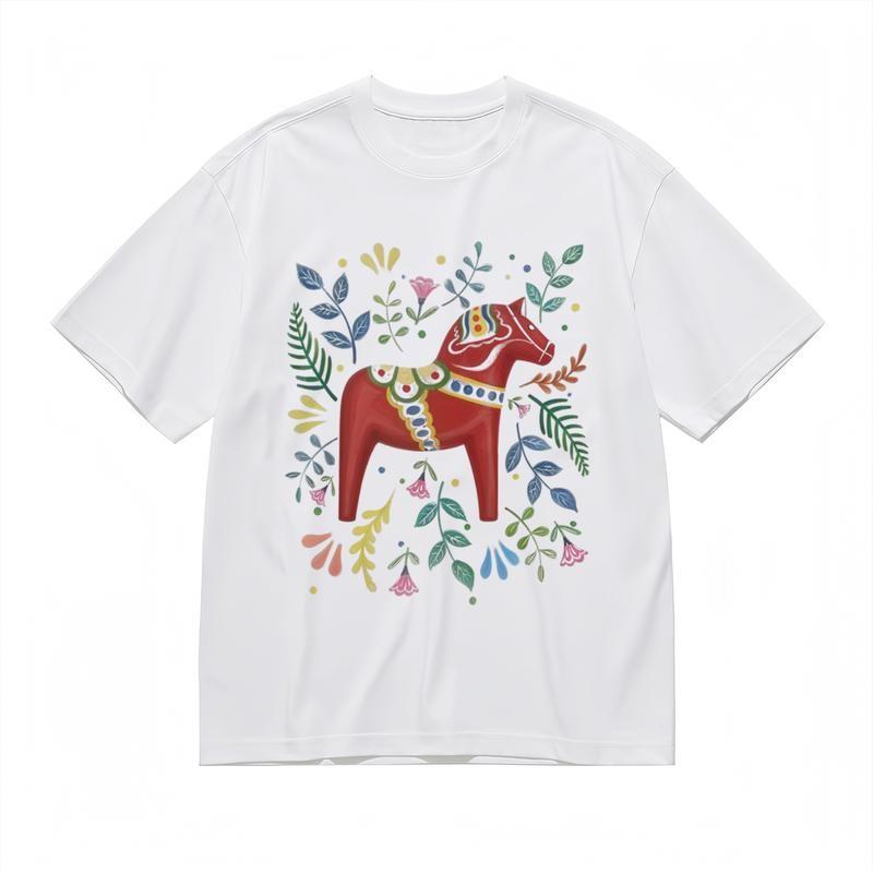 

Men s Comfortable Breathable Comfy Classic T-Shirt Folk Art Horse Graphic Tee 4XL