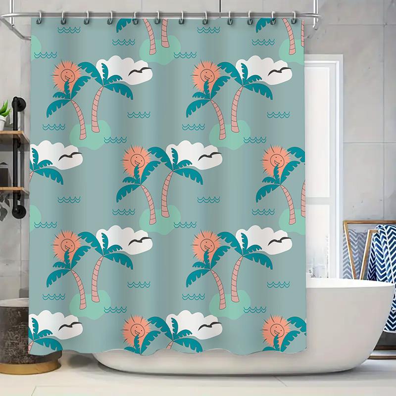 Beach Palm Tree Sun Shower Curtain Waterproof Home Decor For Bathtub Bathroom Cute Blue Floral Design
