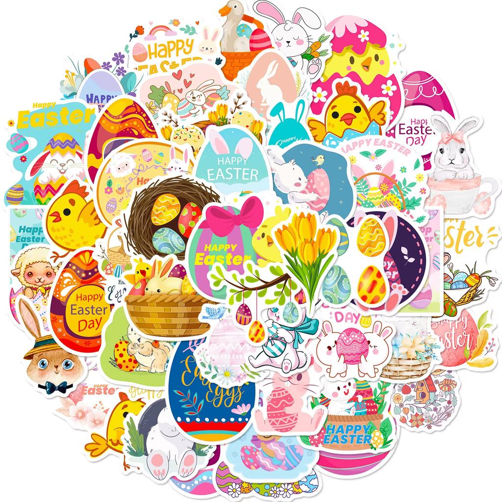 50pcs Easter Egg Children's Party Stickers Cute Cartoon Easter Egg Rabbit Element Arrangement Party Stickers Holiday Sticker