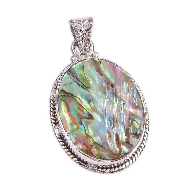 Natural Abalone Shell Gemstone 925 Solid Sterling Silver Gift Pendant 1.5" v3d15