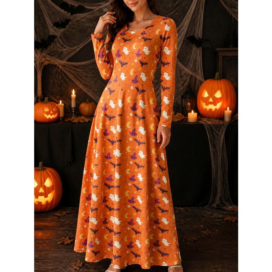 Vestito da Donna con Stampa Ragnatela e Zucca, Girocollo, Manica Lunga, Vestito Maxi Festivo di Halloween
