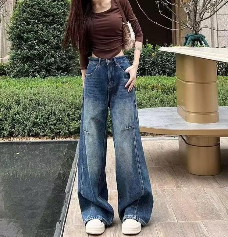 Petite Retro Blue High Waist Wide Leg Jeans - Autumn 2025 Slimming Style for Women Extra Large синий