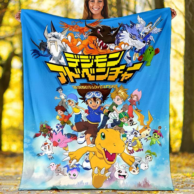 1pc Digimon Theme Blanket - Digital Print, Polyester, Cozy for All Seasons, Perfect for Outdoor, and Travel