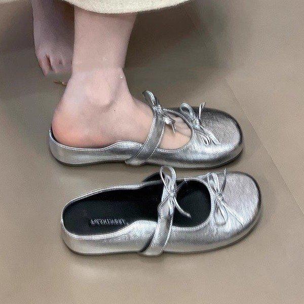 Soft leather version~ Double bow suede bag head drag, new retro thick-soled inner height-increasing Boken shoes in summer 2025