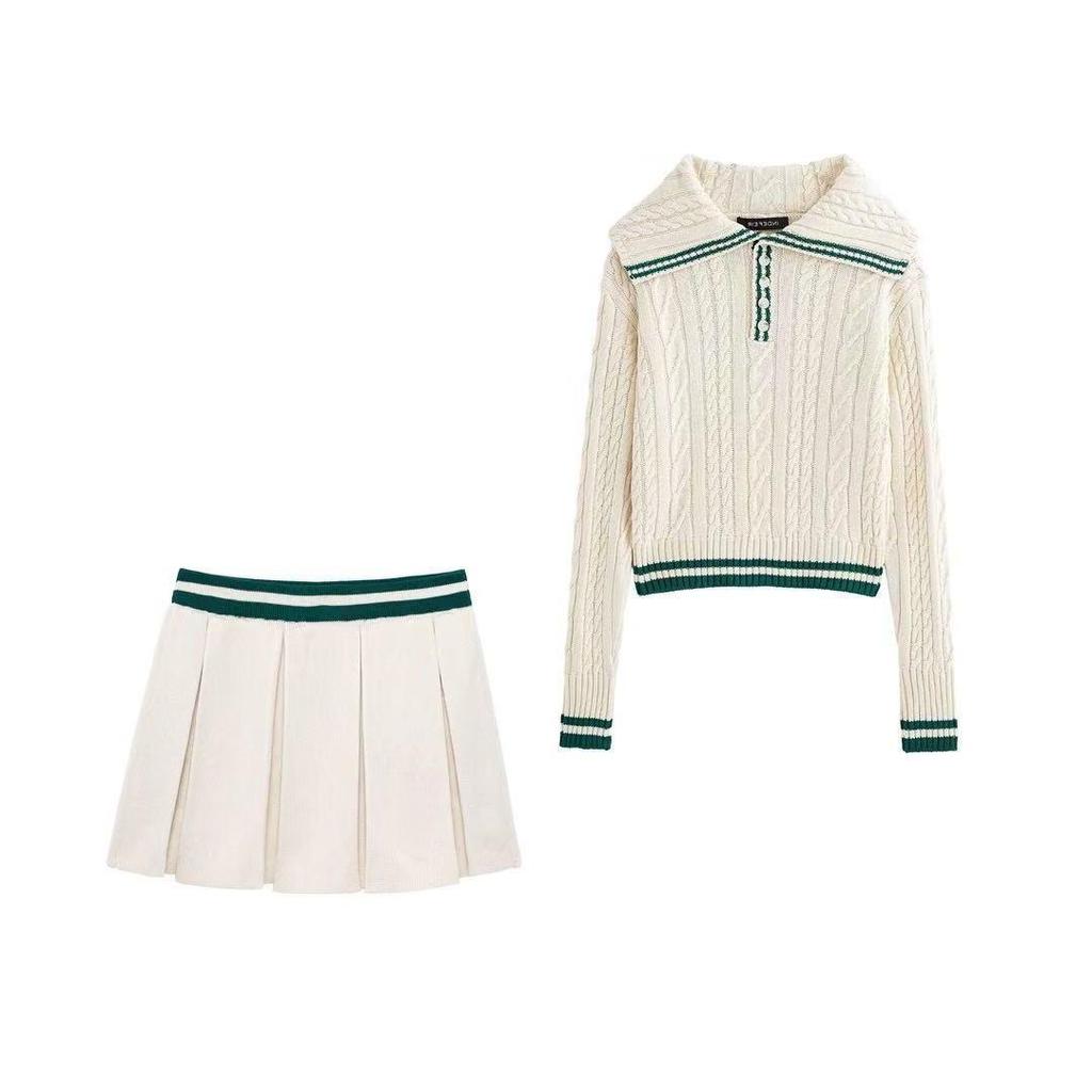 TAOP&ZA Women's Turn-Down Collar Pullover & Pleated Mini Skirt Set