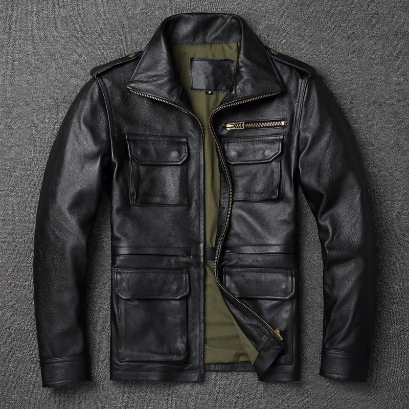 Chinese Size Brown Black Real Cowhide M65 Hunting Leather Jacket Men Genuine Leather Coat Winter Pockets Jackets Jaqueta Masculina De Couro