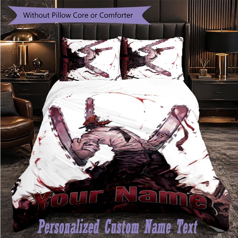 Personalized 3Pcs Bedding SetChainsaw Man Custom Text Duvet Cover Pillowcase Set Bedroom Gift