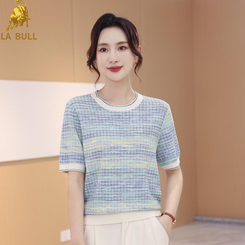 

LA BULL Women s Gradient Striped Short Sleeve Knit Top L