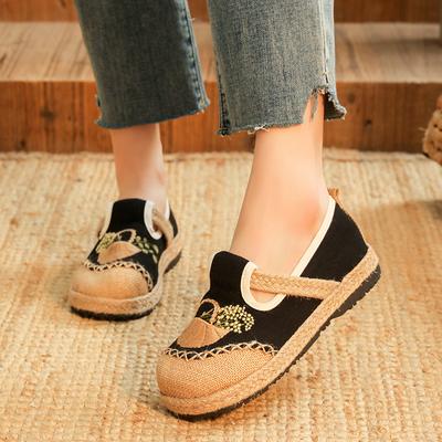 Women's Trendy Flat Embroidered Shoes Ethnic Style Low Top Round Toe Slip-On Patchwork Canvas Linen Flats