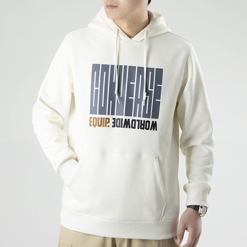 Converse Color Block Letter Print Fleece Lined Thermal Pullover Sweatshirt Men's Milk White 10021272-A01