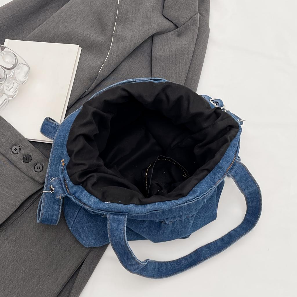Trendy Ruched Denim Tote Bag Vintage Bucket Shoulder Bag Drawstring Crossbody Bag For Women