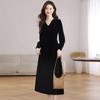 Genuine Velvet V-Neck Slim Long Dress for Women - French Chic Style