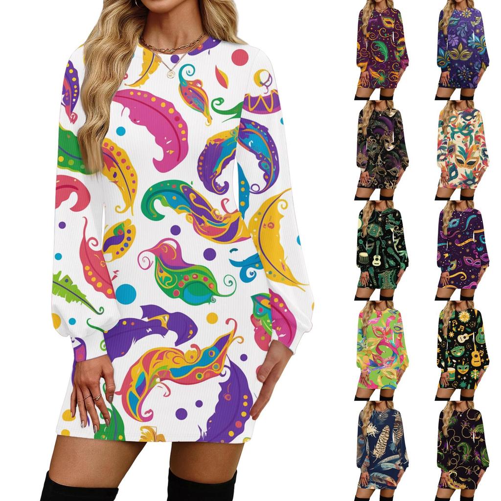 Damen Mode lässig Rundhals Langarm Karneval Druck Kleid
