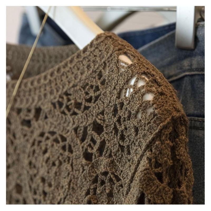 Suéter Top Crochê Vazado de Cor Sólida Elegante com Manga Longa Moda Gola Redonda Retrô Pulôver de Outono