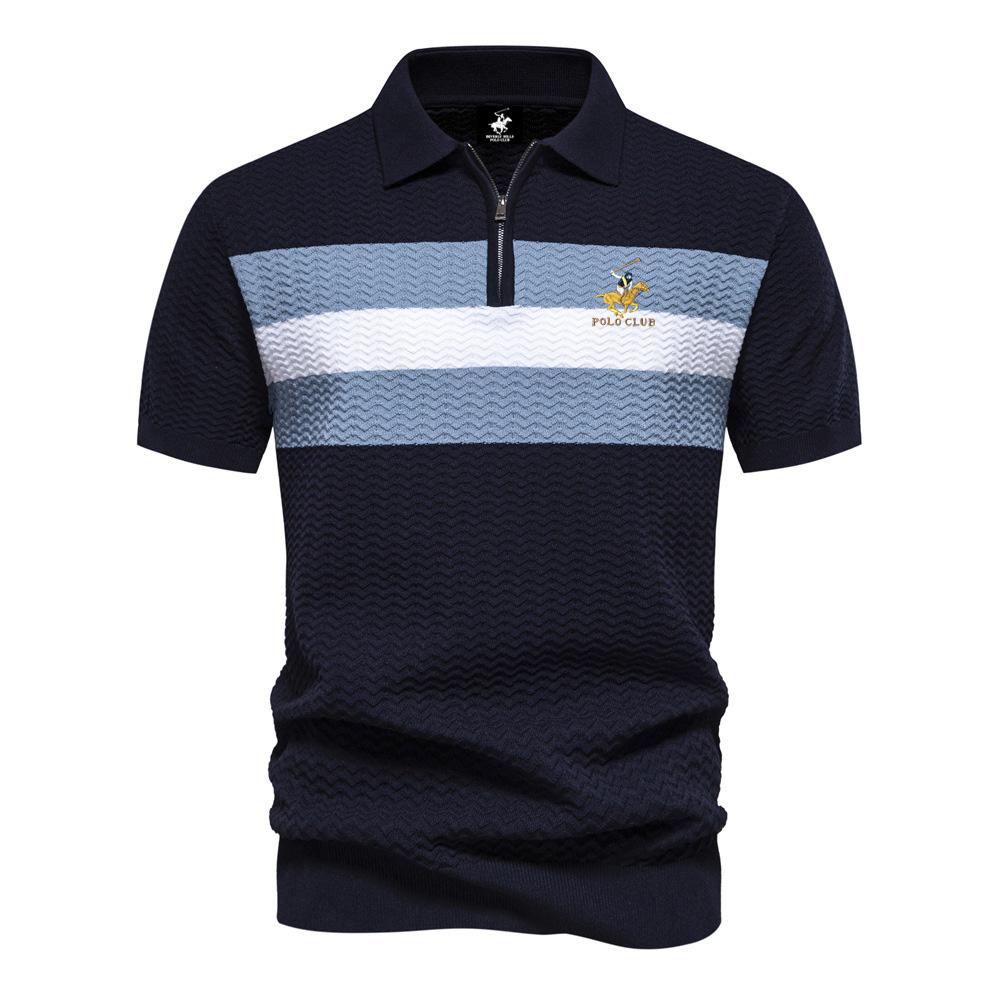 

POLO CLUB Summer New Pony Embroidered Men s High-end Striped Business Short Sleeved Thin and Versatile Lapel Half Zipper Short Sleeved Shirt XXL