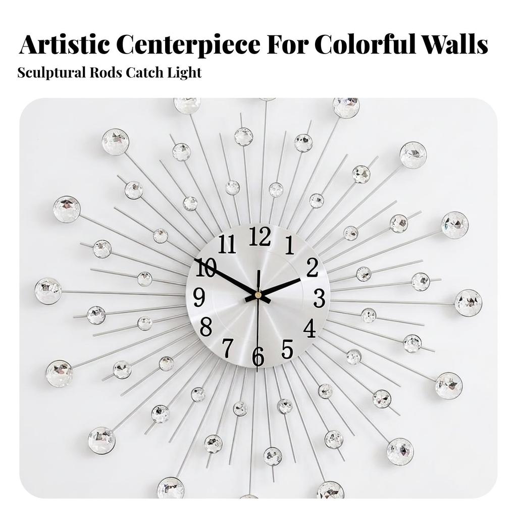 Modern Wall Clock | Brushed Silver Finish, with Gem Accents, for