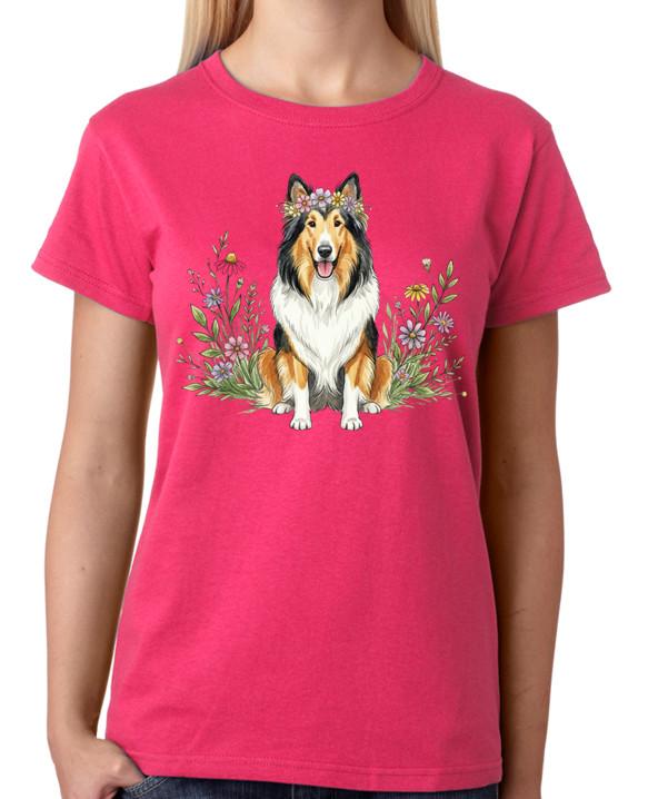 Rough Collie Floral Dog T-Shirt Cute Puppy Art Ladies Tee L