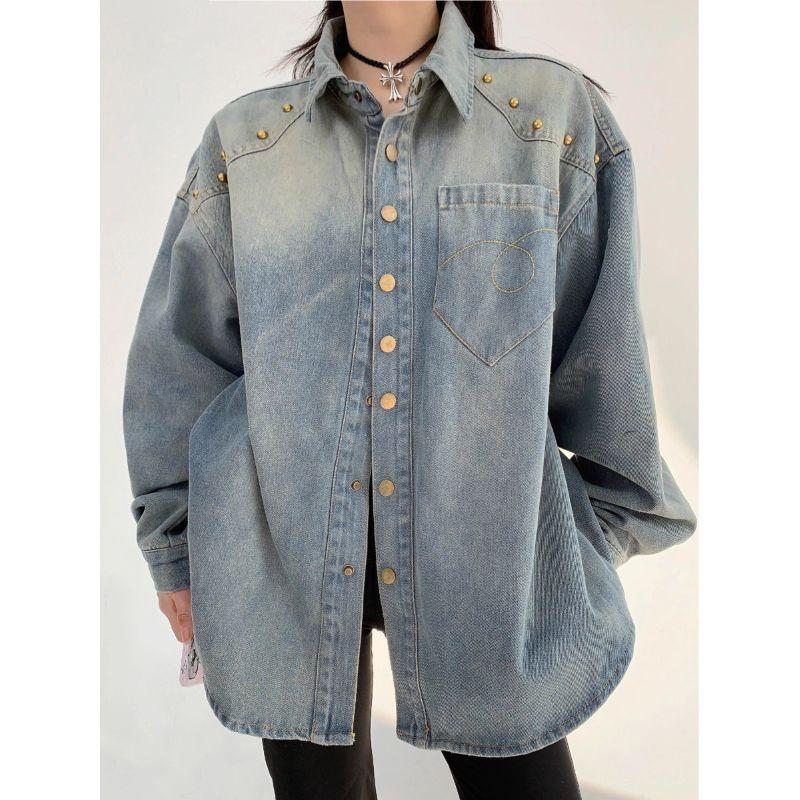 Autumn New American Niche Old Rivet Denim Long-sleeved Shirt Women's Loose Couple Short Jacket Trendy