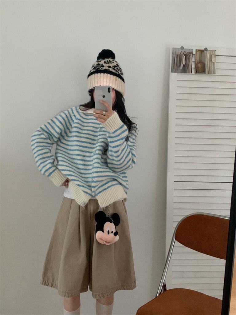 Striped lapel knitted cardigan women's clothing autumn and winter new loose casual gentle wind sweater jacket women